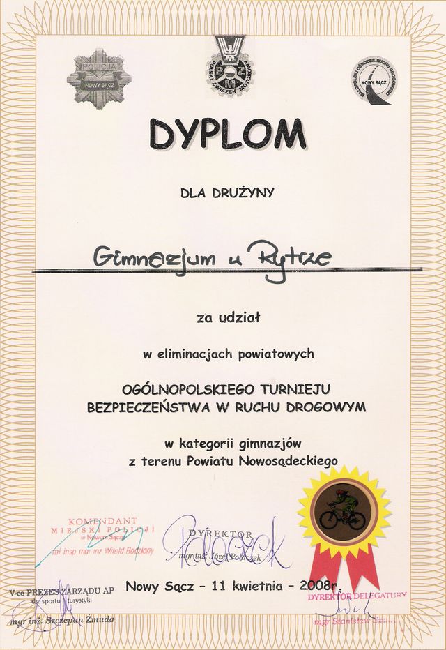 Dyplom dla dru¿yny Gimnazjum w Rytrze za udzia³ w eliminacjach powiatowych Ogólnopolskiego Turnieju Bezpieczeñstwa w Ruchu Drogowym w kategorii gimnazjów z terenu Powiatu Nowos±deckiego