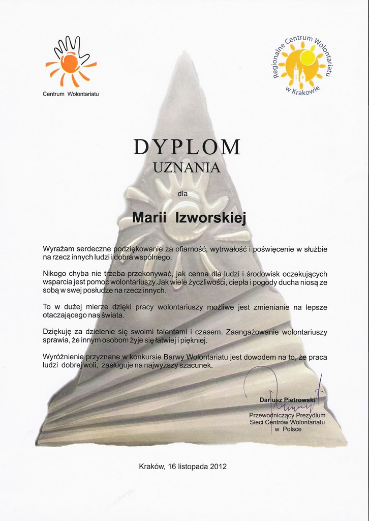 Dyplom wolontariat Maria Izworska Gimnazjum Rytro 2012